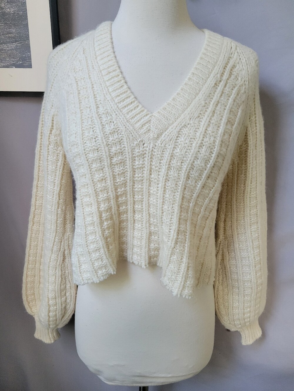 Faherty Aria Cropped Waffle Stitch Wool Sweater Ivory XS